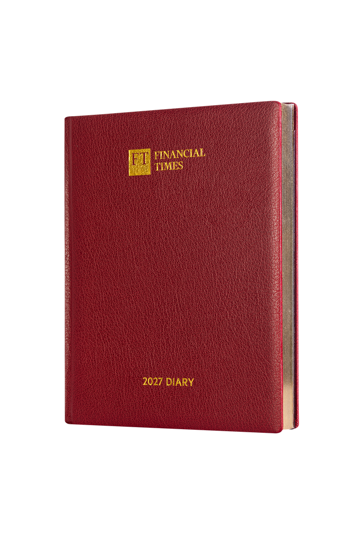 2027 Calendar Year Desk Diary – Week-to-View Planner – Luxury, Padded Faux Leather Cover in Claret (DCC-27)