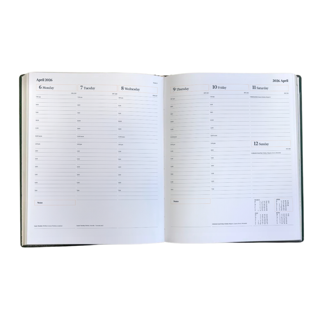 2027 Calendar Year Leather Desk Diary – Week-to-View Planner – Natural Grain, Italian Leather Cover in Black (DL-27)