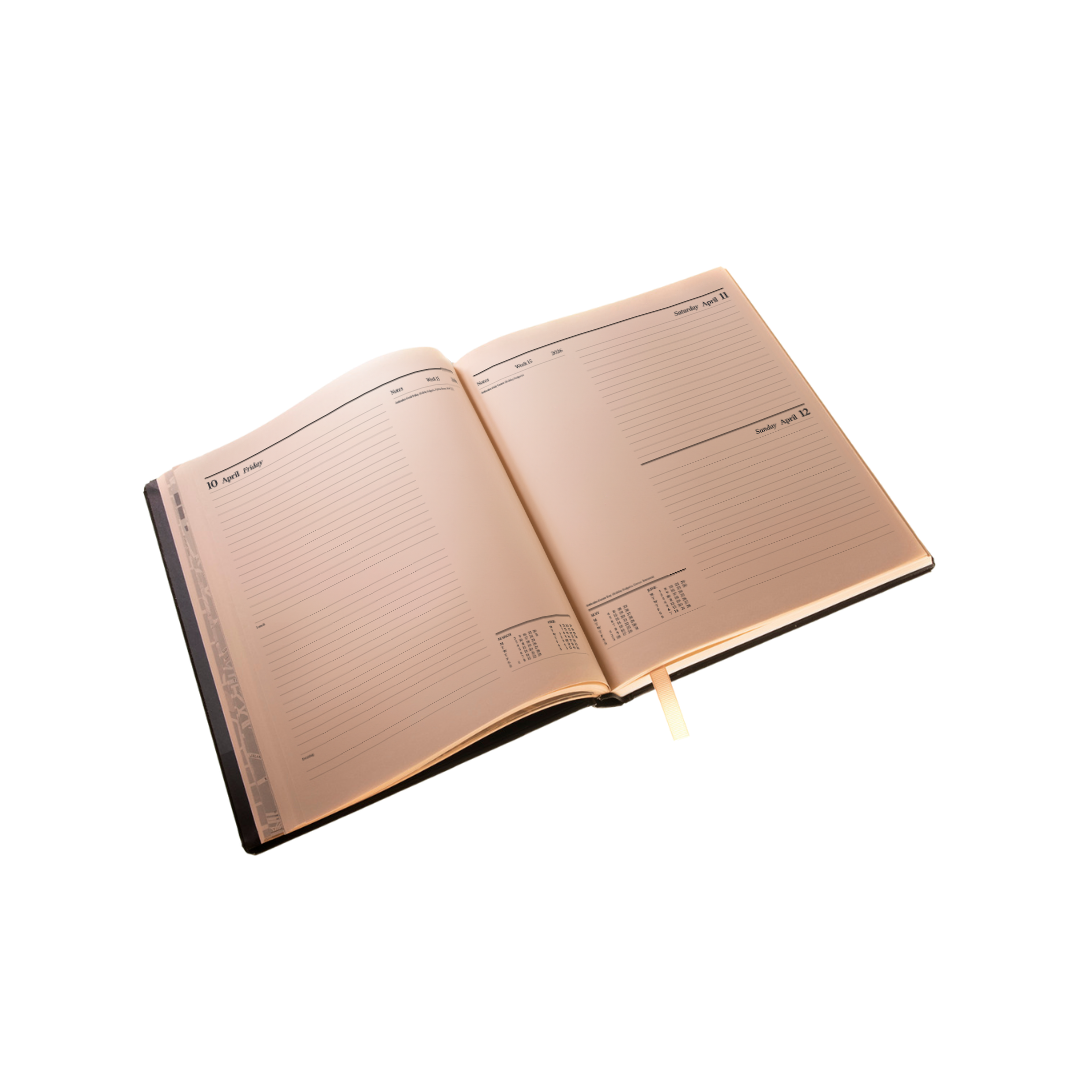 2027 Calendar Year Desk Diary – Day-a-Page Planner with Pink Paper – Luxury, Padded Faux Leather Cover in Black (DPC-27)