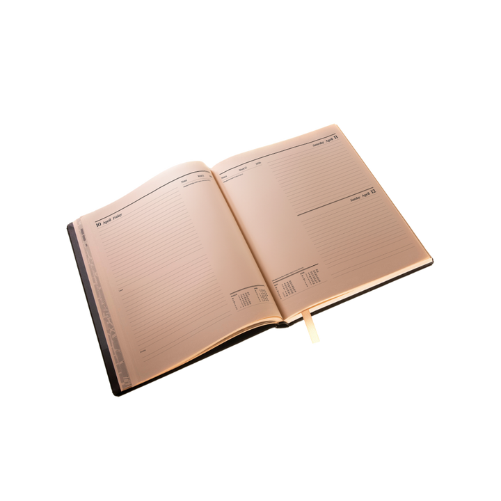 2027 Calendar Year Desk Diary – Day-a-Page Planner with Pink Paper – Luxury, Padded Faux Leather Cover in Black (DPC-27)