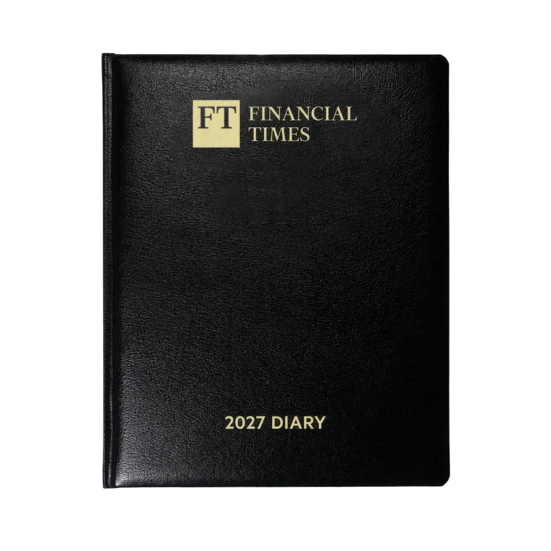 2027 Calendar Year Desk Diary – Day-a-Page Planner with Pink Paper – Luxury, Padded Faux Leather Cover in Black (DPC-27)