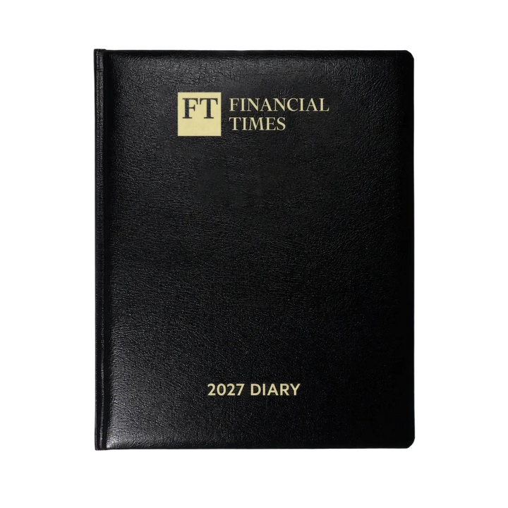2027 Calendar Year Desk Diary – Day-a-Page Planner with Pink Paper – Luxury, Padded Faux Leather Cover in Black (DPC-27)