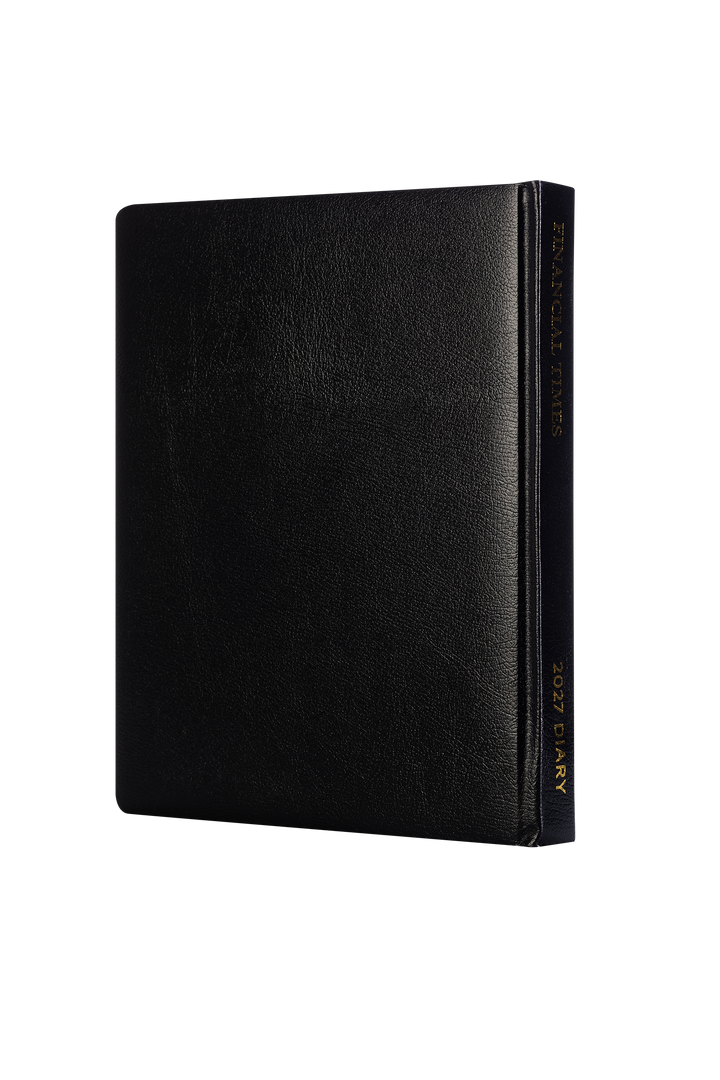 2027 Calendar Year Desk Diary – Day-a-Page Planner with Pink Paper – Luxury, Padded Faux Leather Cover in Black (DPC-27)
