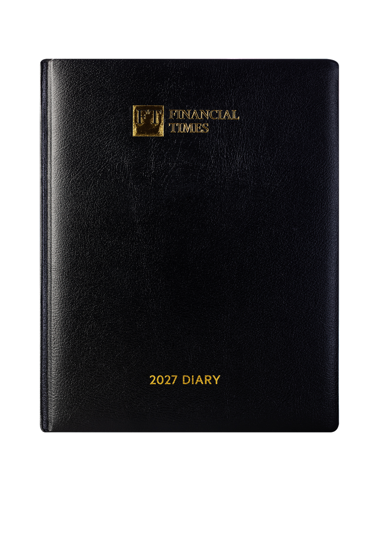 2027 Calendar Year Desk Diary – Day-a-Page Planner with Pink Paper – Luxury, Padded Faux Leather Cover in Black (DPC-27)
