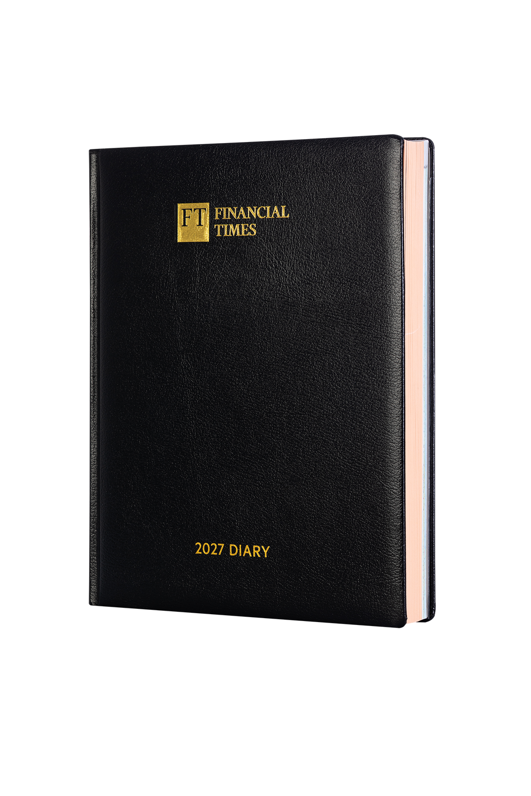 2027 Calendar Year Desk Diary – Day-a-Page Planner with Pink Paper – Luxury, Padded Faux Leather Cover in Black (DPC-27)