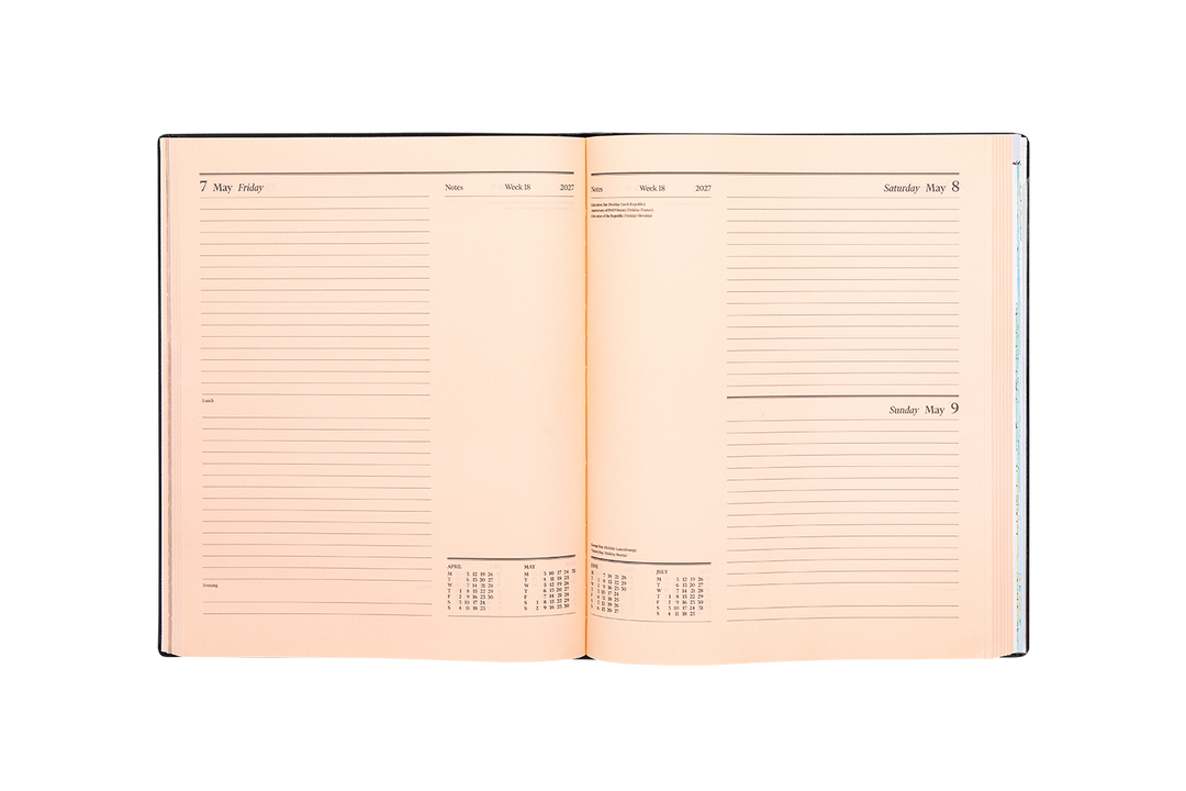 2027 Calendar Year Desk Diary – Day-a-Page Planner with Pink Paper – Luxury, Padded Faux Leather Cover in Black (DPC-27)