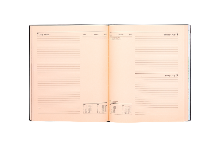 2027 Calendar Year Desk Diary – Day-a-Page Planner with Pink Paper – Luxury, Padded Faux Leather Cover in Black (DPC-27)