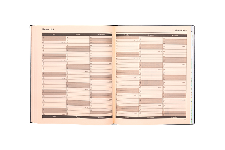 2027 Calendar Year Desk Diary – Day-a-Page Planner with Pink Paper – Luxury, Padded Faux Leather Cover in Black (DPC-27)
