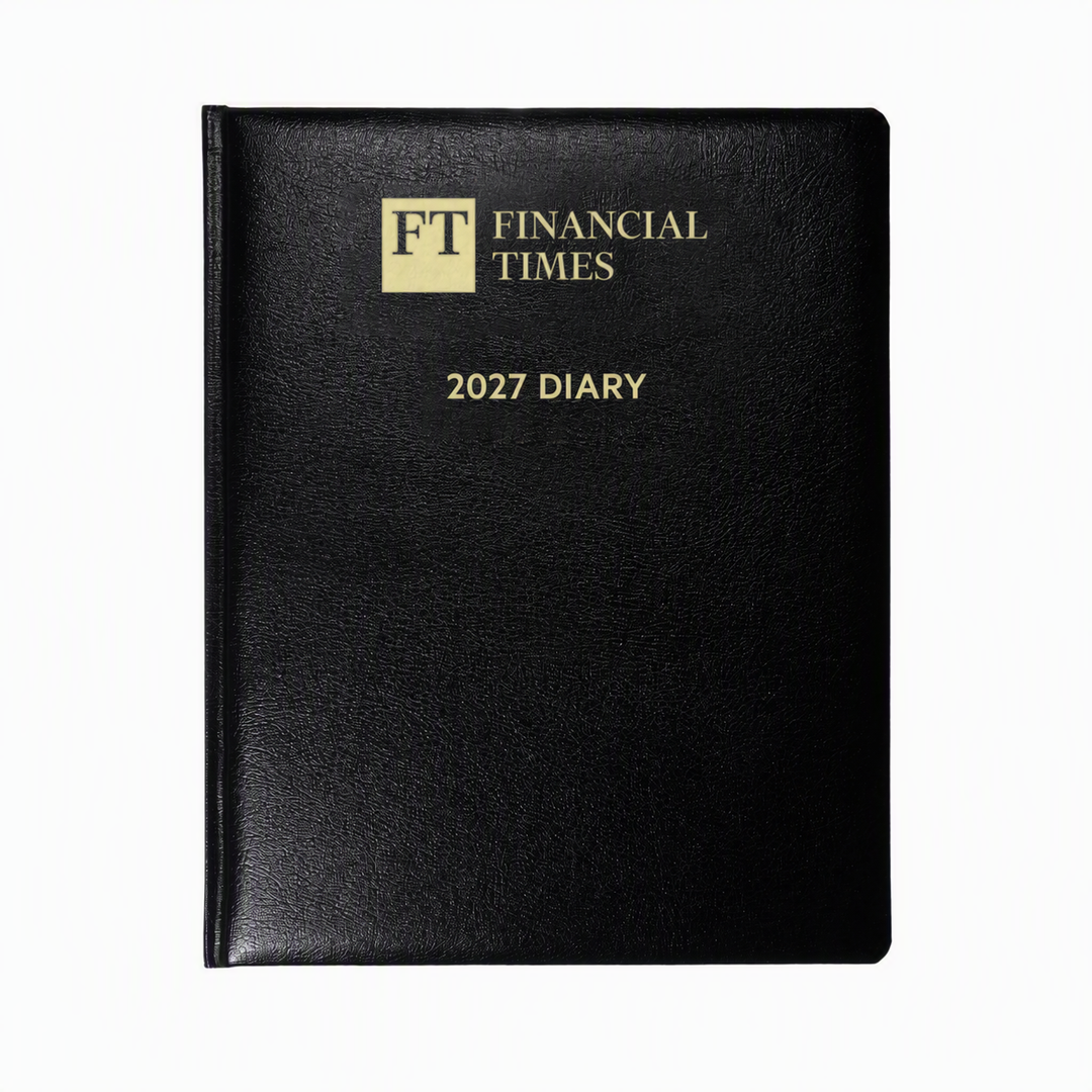 2027 Calendar Year Desk Diary – Day-a-Page Planner with Pink Paper – Luxury, Padded Faux Leather Cover in Black (DPC-27)