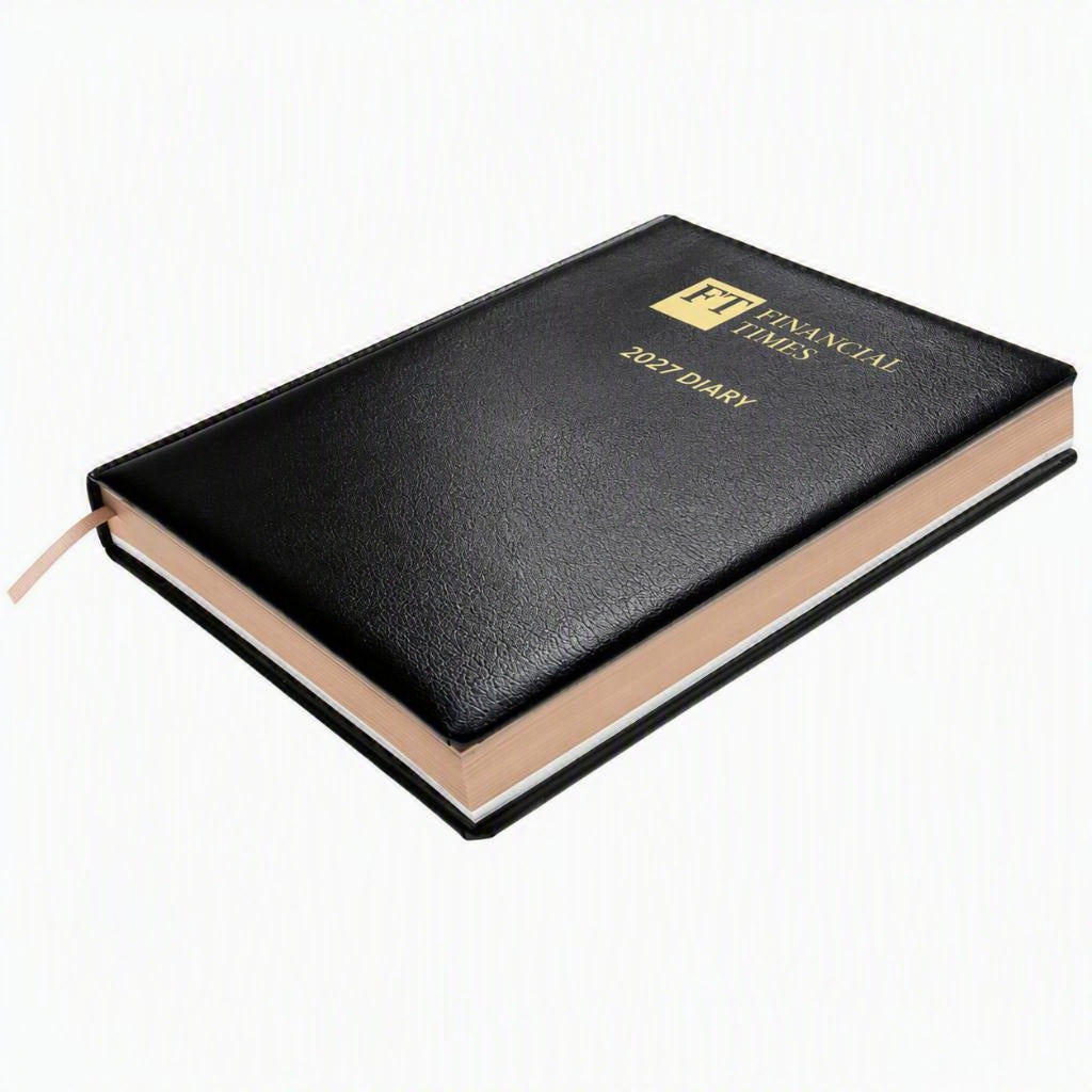 2027 Calendar Year Desk Diary – Day-a-Page Planner with Pink Paper – Luxury, Padded Faux Leather Cover in Black (DPC-27)