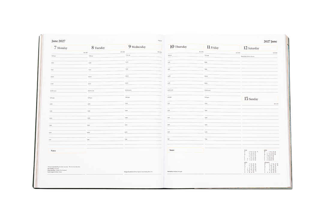 2027 Calendar Year Leather Desk Diary – Week-to-View Planner – Natural Grain, Italian Leather Cover in Black (DL-27)