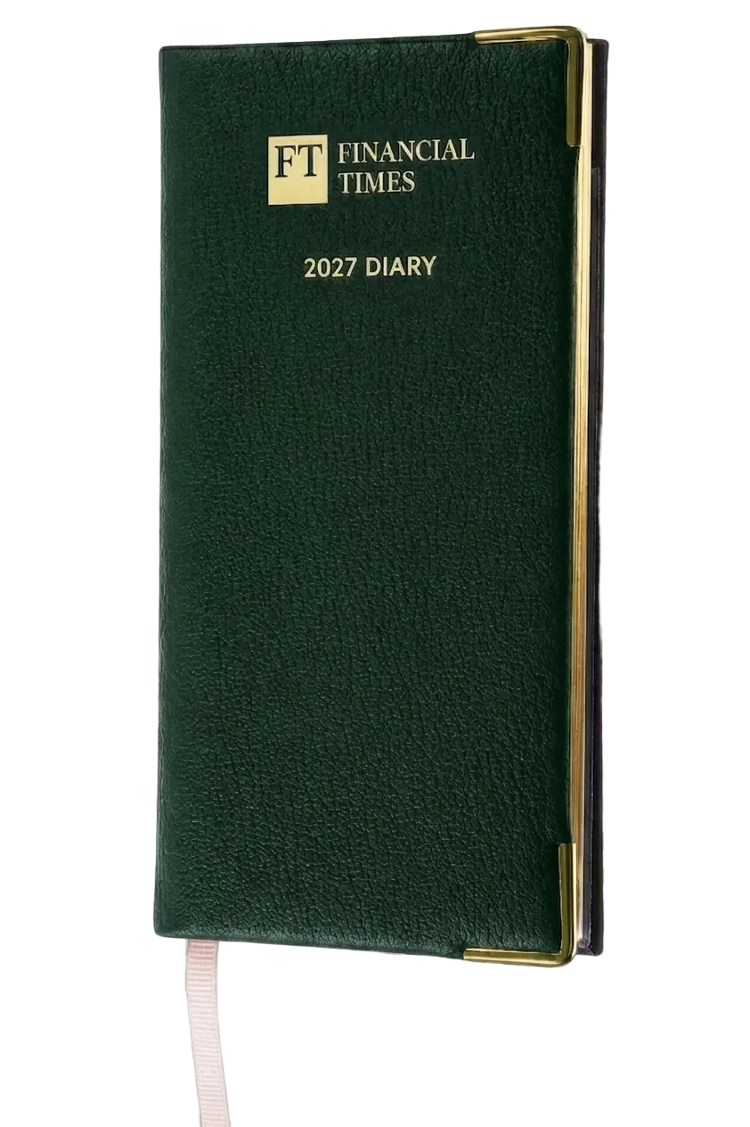 2027 Calendar Year Portrait Pocket Diary – Week-to-View Planner – Luxury, Padded Faux Leather Cover in Green (PCG-27)