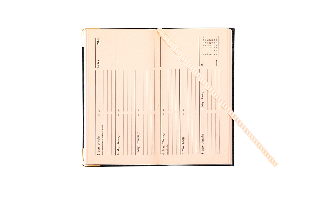 2027 Calendar Year Landscape Pocket Diary – Week-to-View Planner with Pink Paper – Luxury, Padded Faux Leather Cover in Black (PP-27)