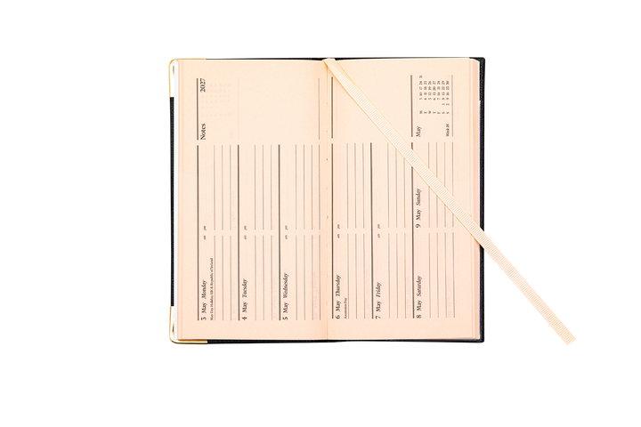 2027 Calendar Year Landscape Pocket Diary – Week-to-View Planner with Pink Paper – Luxury, Padded Faux Leather Cover in Black (PP-27)