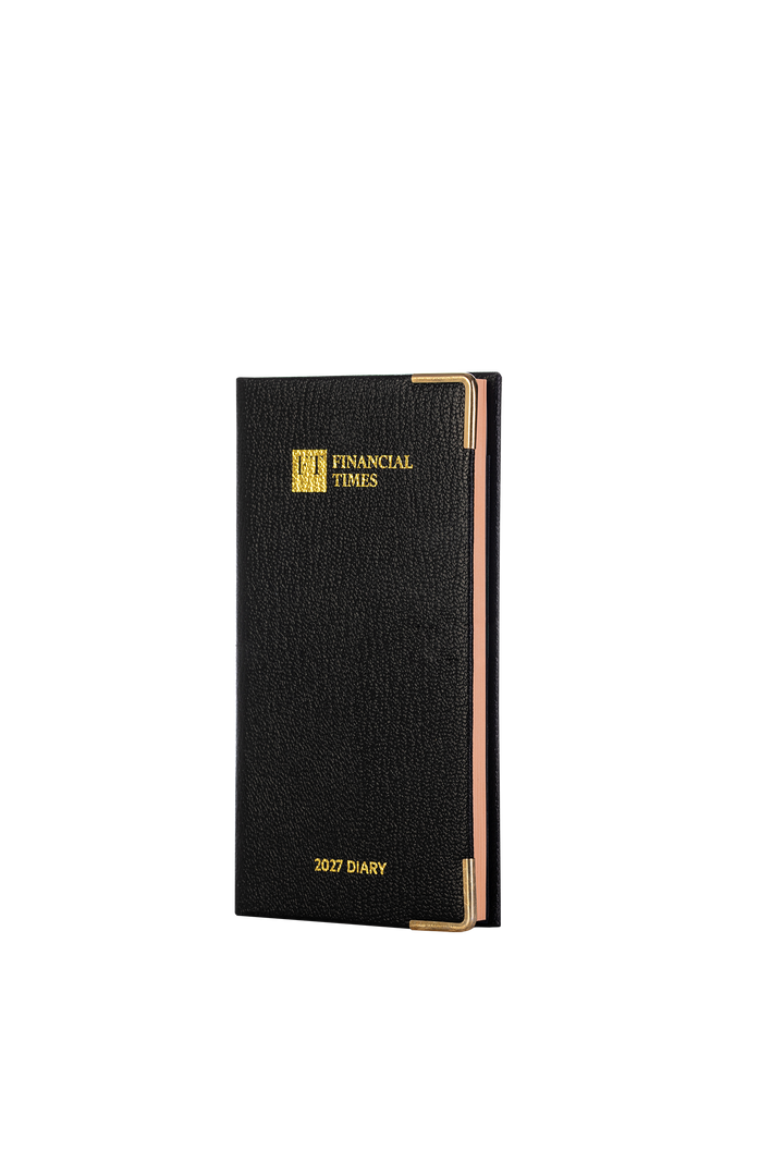 2027 Calendar Year Landscape Pocket Diary – Week-to-View Planner with Pink Paper – Luxury, Padded Faux Leather Cover in Black (PP-27)