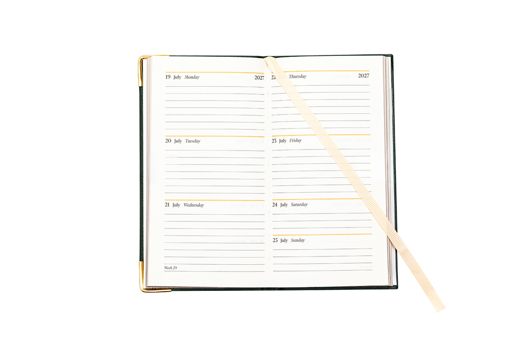 2027 Calendar Year Portrait Pocket Diary – Week-to-View Planner – Luxury, Padded Faux Leather Cover in Green (PCG-27)