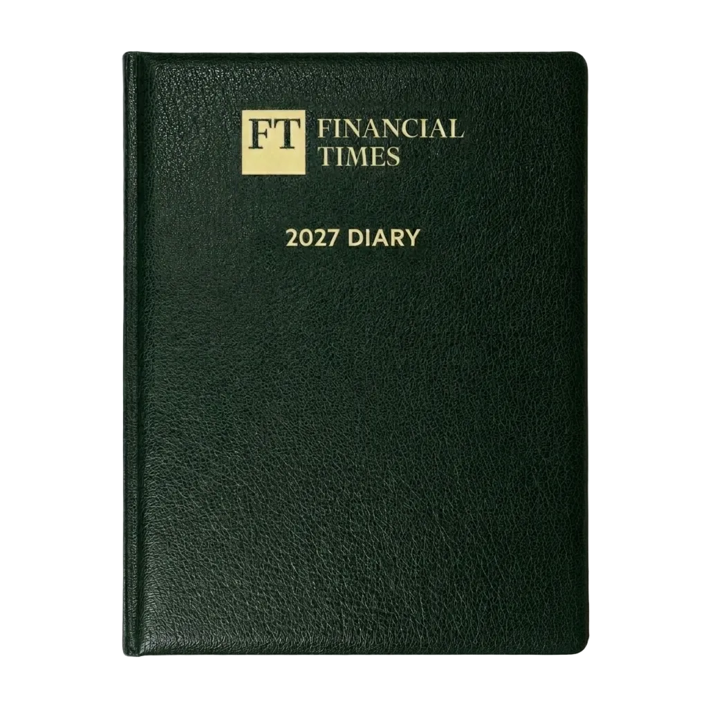 A dark forest green textured leather-bound diary with gold foil lettering that reads 'FT FINANCIAL TIMES 2027 DIARY' on a solid gray background.
