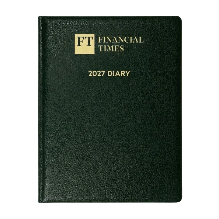 A dark forest green textured leather-bound diary with gold foil lettering that reads 'FT FINANCIAL TIMES 2027 DIARY' on a solid gray background.