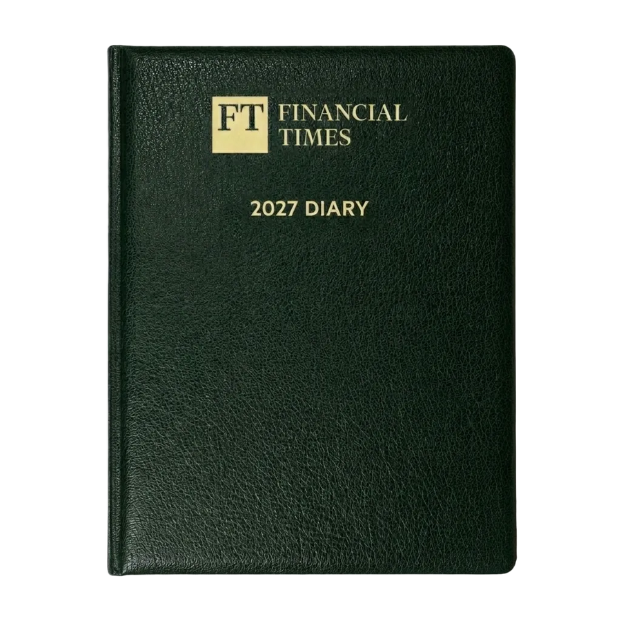 A dark forest green textured leather-bound diary with gold foil lettering that reads 'FT FINANCIAL TIMES 2027 DIARY' on a solid gray background.